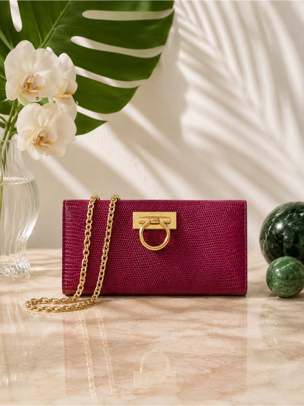 Salvatore Ferragamo Magenta Lizard Clutch, Gancini Hardware | Exotic Evening Bag